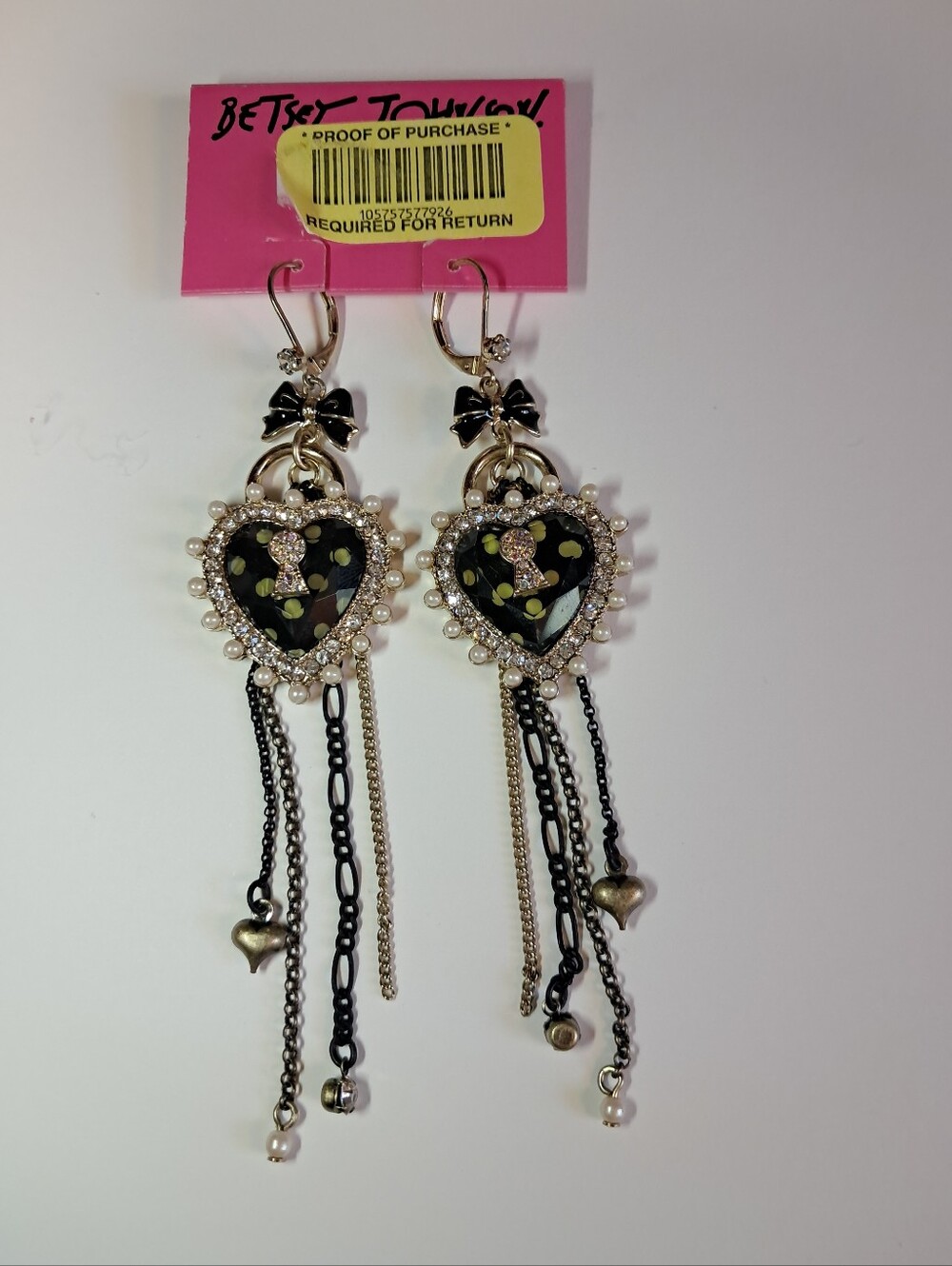 New Vintage Betsey Johnson Black Heart Dangle Earrings Pearl & Rhinestone Trim